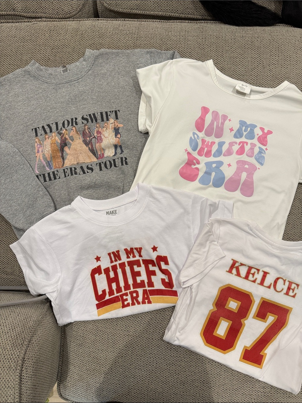 Taylor Swift + Travis Kelce Chiefs Graphic Tee Bundle – 4 Shirts